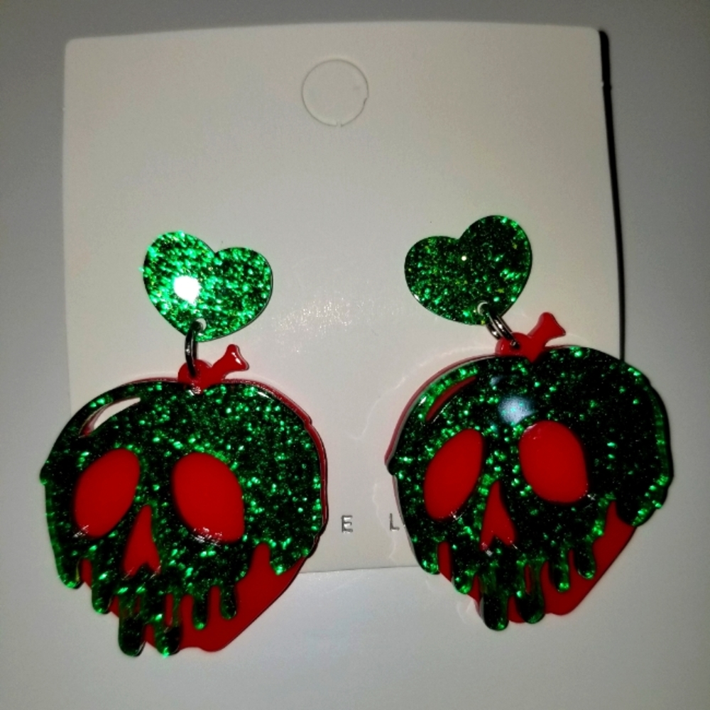 Green and Red Skull Heart Earrings